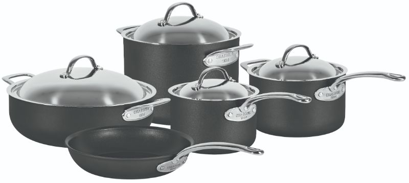 Hard anodised non-stick cookware set with ergonomic handles and stainless steel lids, perfect for modern home chefs.