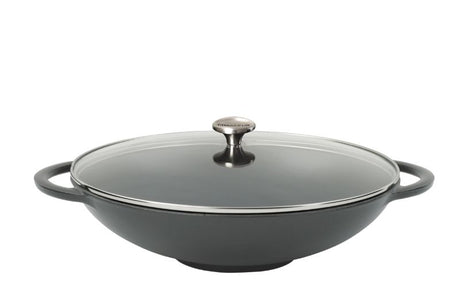 Chasseur 37cm cast iron wok with glass lid, ideal for stir frying and steaming, eco-friendly, exceptional heat retention.