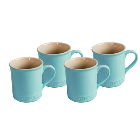 Four Duck Egg Blue stoneware mugs from Chasseur La Cuisson, perfect for hot or cold beverages and stylish table settings.