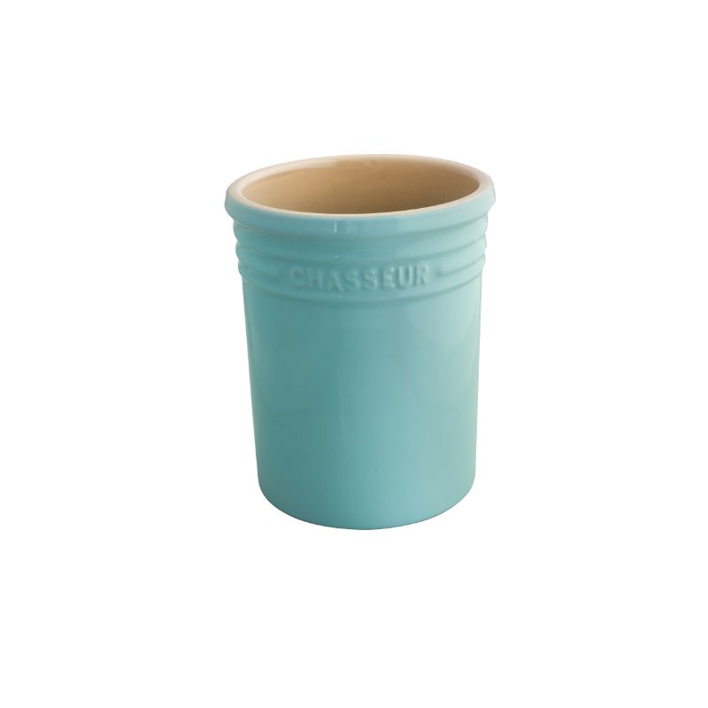 Elegant duck egg blue stoneware utensil jar, 17cm tall, perfect for organizing kitchen tools or as decorative storage.