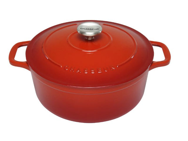 Round French Oven in Inferno Red, 24cm; versatile cast iron cocotte perfect for slow cooking and elegant presentations.