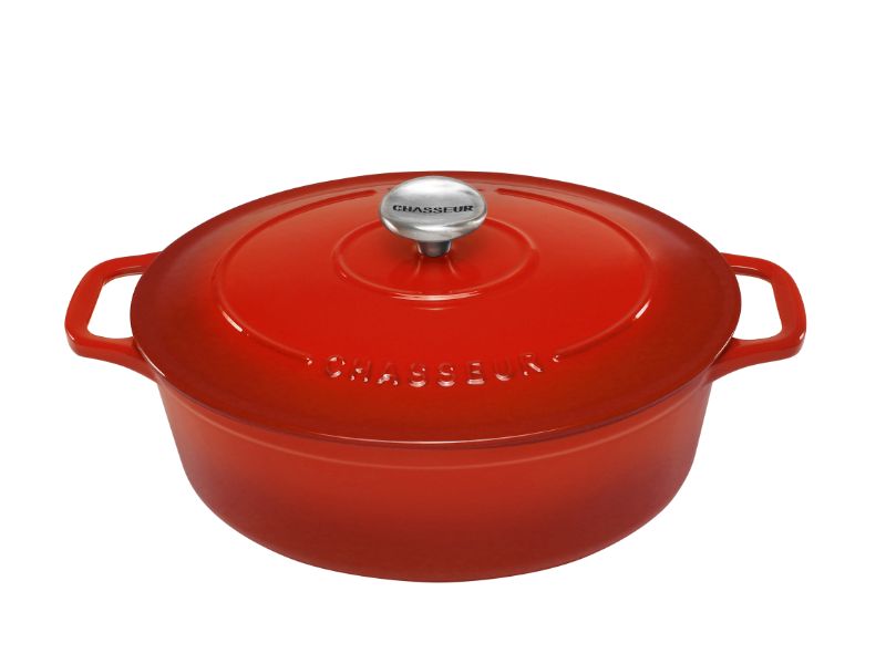 Oval French oven in Inferno Red, ideal for slow cooking, serving 4-6, features self-basting lid for juicy meals.