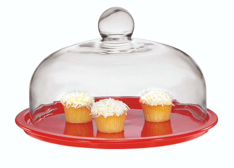 Striking Inferno Red cake platter with glass lid, perfect for baking, serving, and storing cakes safely.