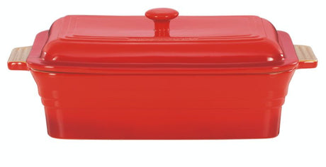 Rectangular baker with lid in Inferno Red, perfect for baking, serving, and storing, and safe for oven, microwave, and dishwasher.