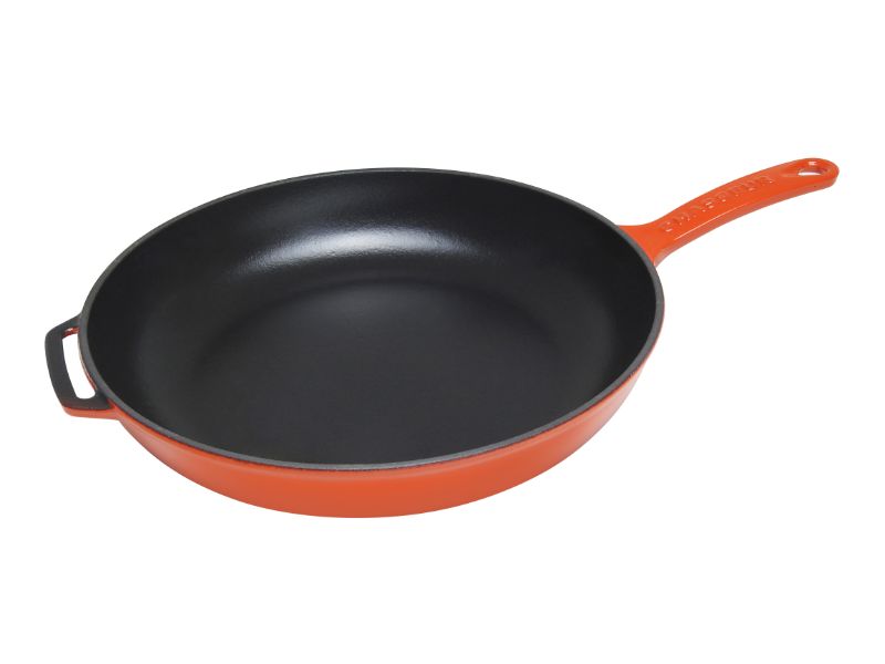 28cm Inferno Red cast iron fry pan with a cast handle, ideal for versatile cooking and stylish serving.