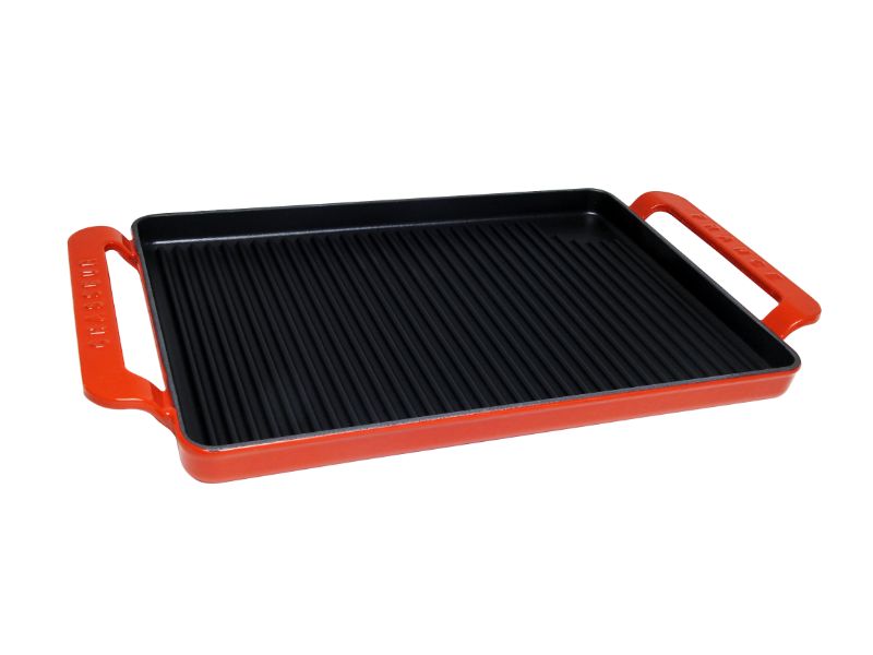 Rectangular Inferno Red grill (42cm) features elegant design, cast iron durability, and healthier cooking with less oil.