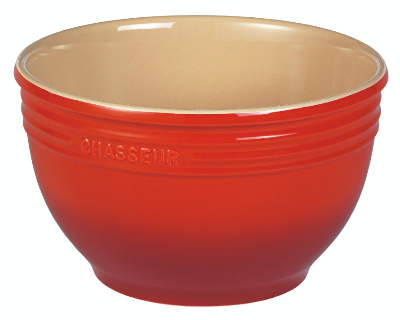 Large 7L red stoneware mixing bowl, perfect for baking, marinating, and serving, microwave and oven safe up to 220°C.