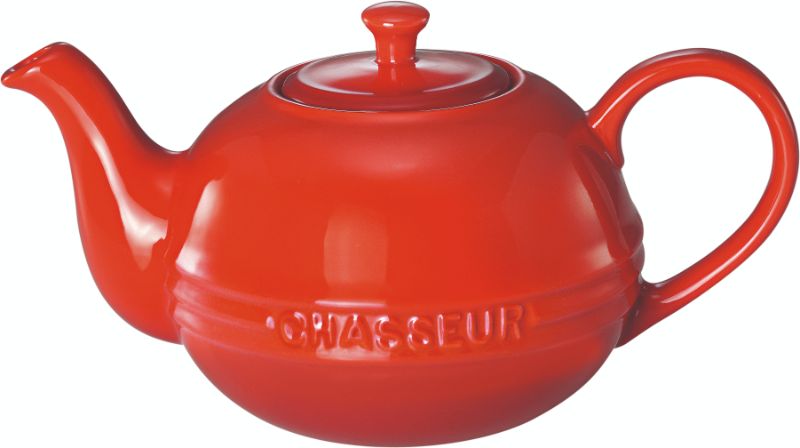 Vibrant red Chasseur La Cuisson 1.1L teapot, crafted from durable stoneware, perfect for stylish tea service.