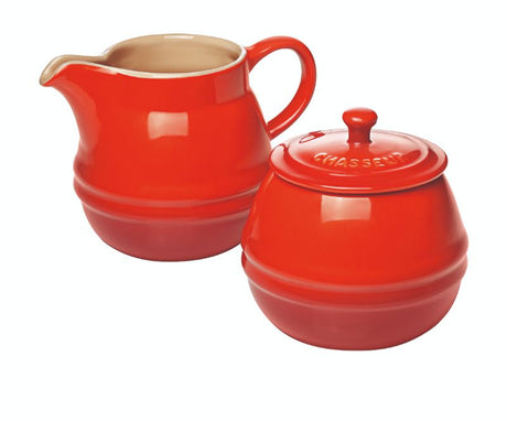 Chasseur red sugar bowl and creamer set, stylish and functional for serving coffee and tea, microwave and oven safe.