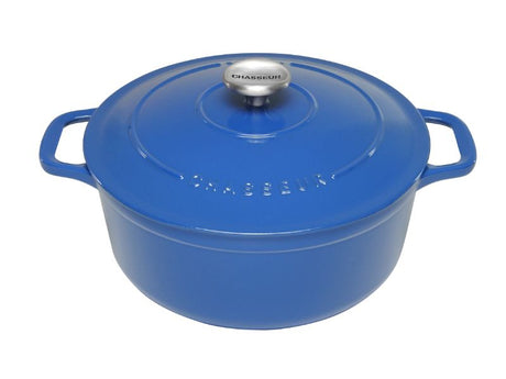 Sky blue 24cm Round French Oven, ideal for slow cooking and simmering, crafted from eco-friendly cast iron in France.