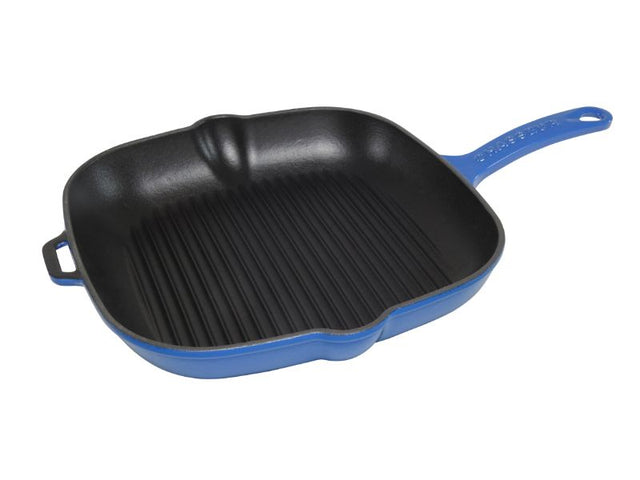 Sky blue cast iron Square Grill - 25cm, perfect for healthy grilling with even heat distribution and stylish design.