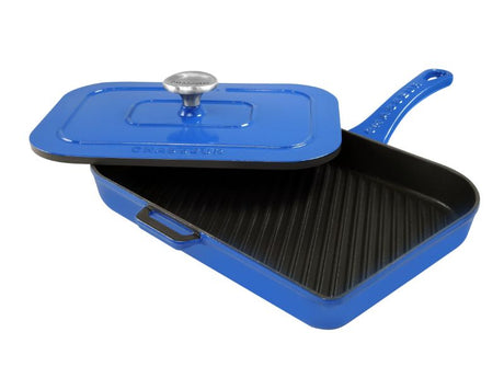 Sky Blue Panini Press, 28cm, featuring ribbed lid for even grilling, unique hand-cast design, and eco-friendly cast iron.