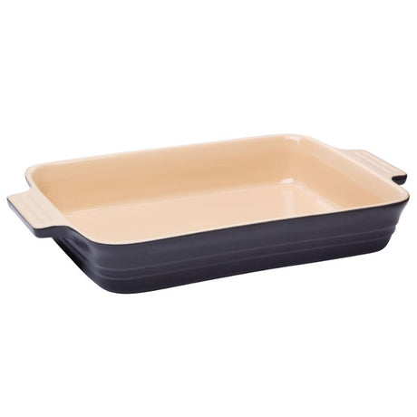 Elegantly designed 32cm rectangular baker in Caviar and Grey, perfect for versatile roasting and baking, microwave and dishwasher safe.