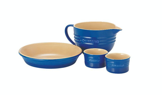 Baking Starter Set - Chasseur La Cuisson 4 Piece in blue, featuring ramekins, mixing jug, and pie dish, safe and versatile.