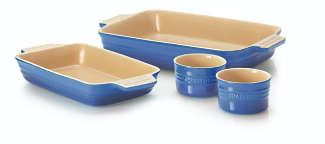 Chasseur La Cuisson 4 Piece Baking Set in blue, featuring ramekins and bakers, perfect for all culinary creations.