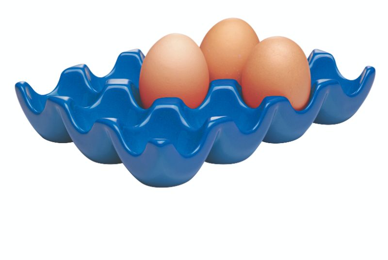 Chasseur La Cuisson Dozen Egg Tray in blue, elegant stoneware holder for 12 eggs, microwave and dishwasher safe.