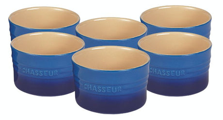 Blue Chasseur La Cuisson 6pc Ramekin Set, perfect for baking and serving desserts or appetizers, made from durable stoneware.