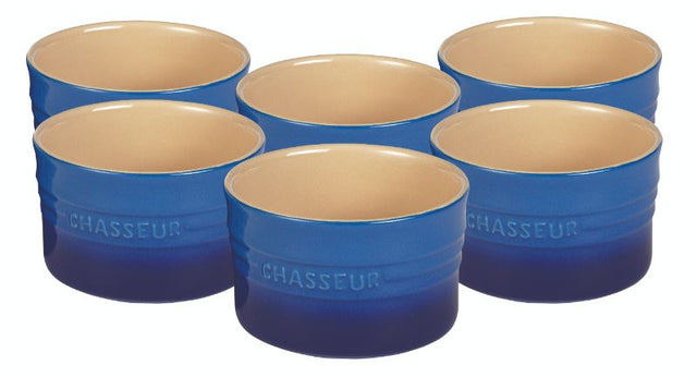 Blue Chasseur La Cuisson 6pc Ramekin Set, perfect for baking and serving desserts or appetizers, made from durable stoneware.