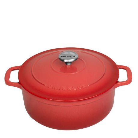 Round Coral French Oven by Chasseur, 24cm cast iron, perfect for slow cooking and enhancing flavors with self-basting lid.