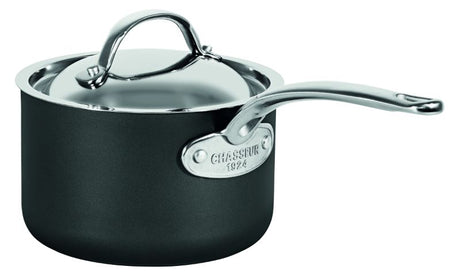 Hard anodised 16cm saucepan with stainless steel lid, designed for versatile cooking and easy cleanup.