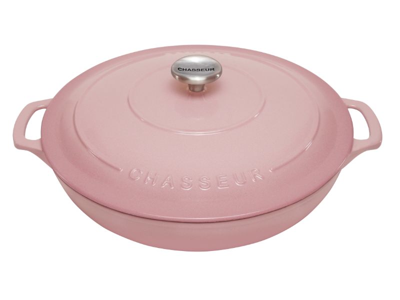 Chasseur 30cm Round Casserole in Cherry Blossom, perfect for versatile cooking, with heat retention and elegant design.