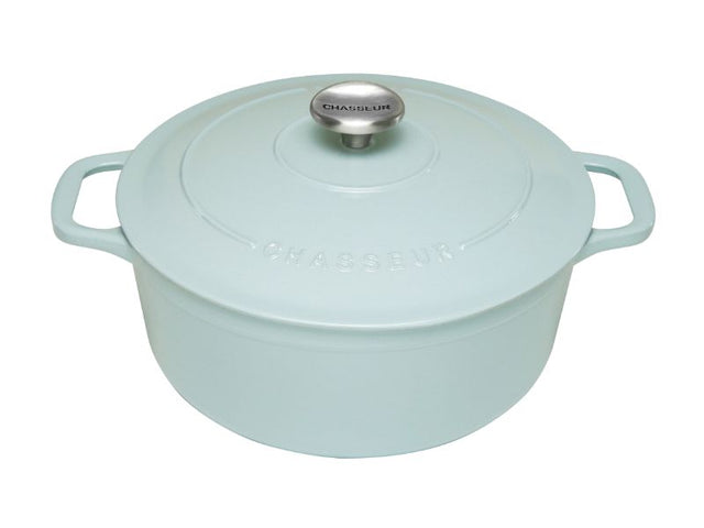 Round Duck Egg Blue cast-iron French oven, ideal for slow cooking, with self-basting lid and vibrant handcrafted finish.