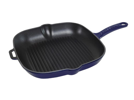 Square Grill in French Blue, 25cm cast iron for grilling with seared marks, minimal oil, and optimal heat retention.