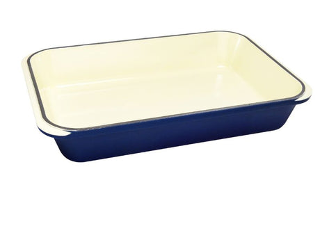 Rectangular French Blue roaster pan, 40cm, perfect for even cooking of roasts and vegetables, eco-friendly and stylish.