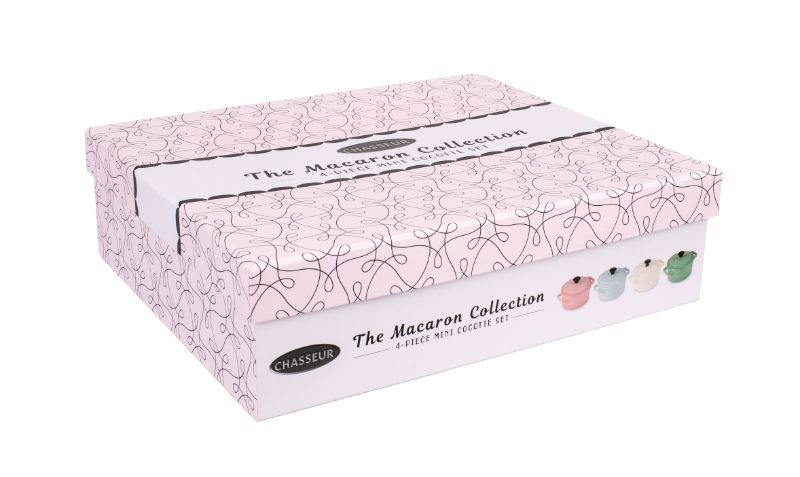 Mini Cocotte Set in pastel colors, ideal for individual servings; crafted from stoneware, oven-safe, and beautifully packaged.