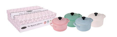 Pastel Mini Cocotte Set in Cherry Blossom, Peppermint, Duck Egg Blue, and Antique Cream, ideal for individual servings and elegant gifting.