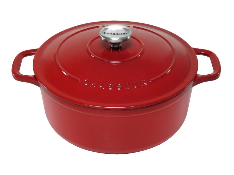 Round French Oven by Chasseur in Federation Red, perfect for slow cooking, searing, and stylishly serving gourmet meals.