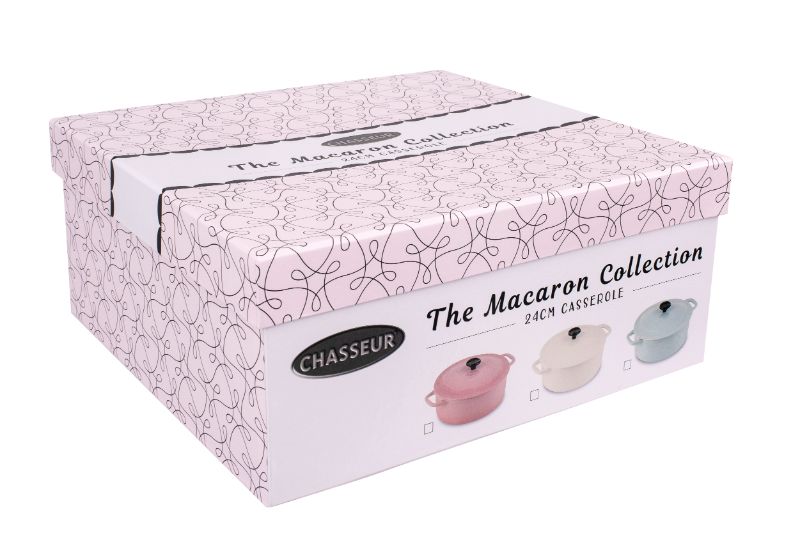 Chasseur Macaron Collection 24cm Casserole in Cherry Blossom, elegant stoneware for versatile cooking and beautiful presentation.