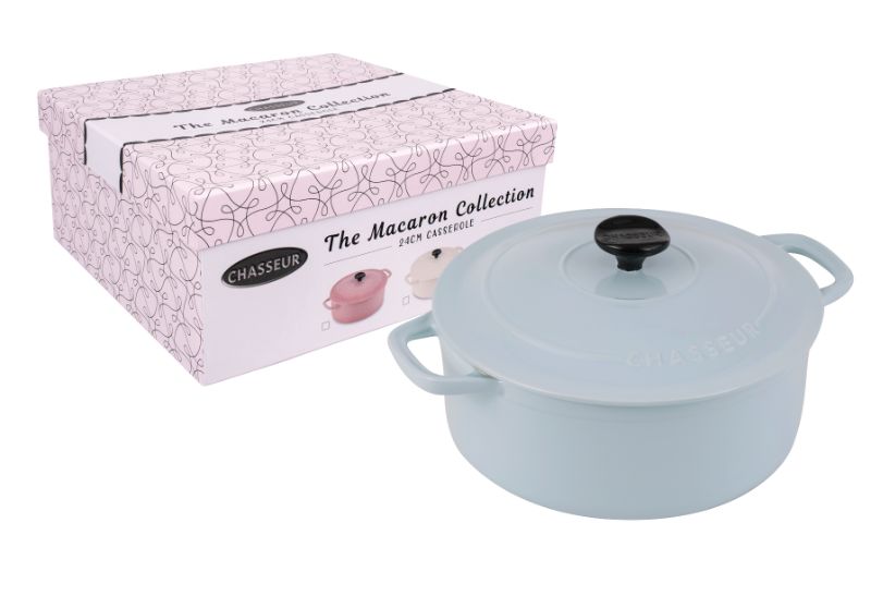 Duck Egg Blue 24cm stoneware casserole dish from Chasseur's Macaron Collection, perfect for cooking and serving stylish meals.