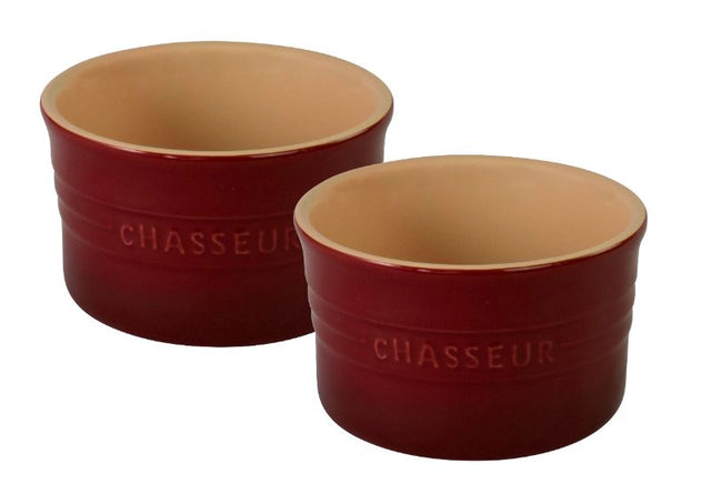 Set of 2 Chasseur 10cm Bordeaux ramekins, ideal for baking and serving, made from durable, oven-safe stoneware.