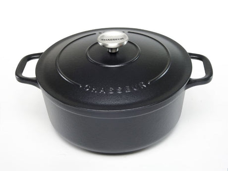 Round French Oven in Matte Black, 28cm, durable cast-iron for versatile cooking, elegant design, self-basting lid.