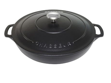 Matte black 30cm Chasseur round casserole, perfect for versatile cooking and elegant serving, with self-basting lid.