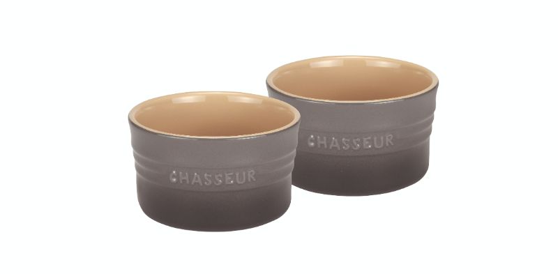 Set of two 250ml Chasseur La Cuisson ramekins in Caviar and Grey, perfect for baking and serving desserts or dips.