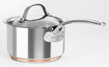 Elegant Chasseur Le Cuivre saucepan with lid, 1.9L capacity, featuring copper core for rapid heating and stainless steel design.