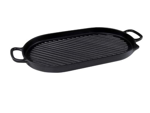 Stove Top Grill - Oval 42cm in Onyx, ideal for grilling meats and vegetables, featuring unique artisanal craftsmanship and healthy grooves.