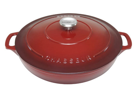 Elegant 30cm round casserole in Bordeaux, made in France, perfect for versatile cooking and sustainable dining experiences.