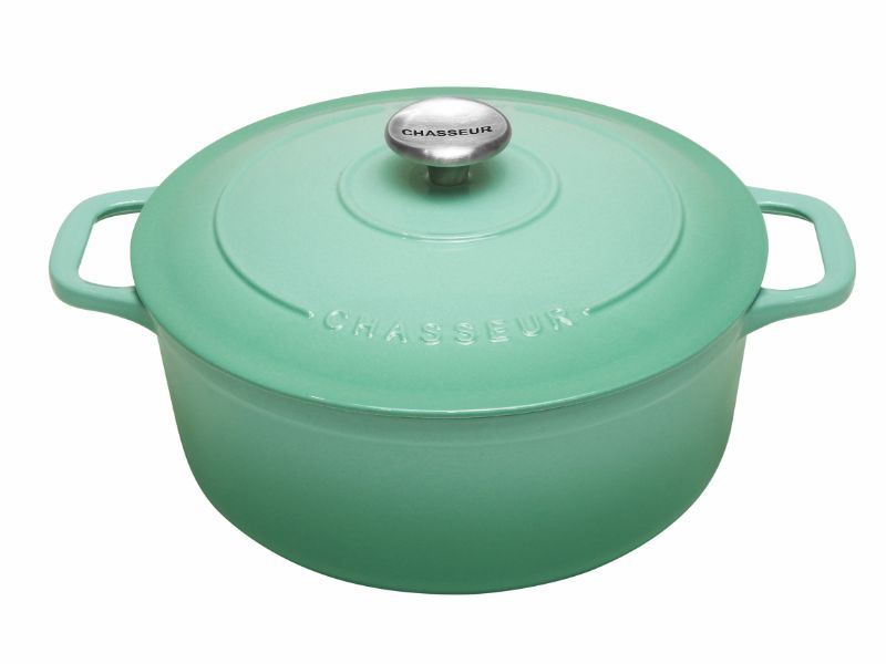 Chasseur 28CM Peppermint Round French Oven, vibrant cast iron pot for slow cooking, simmering, and serving exquisite meals.