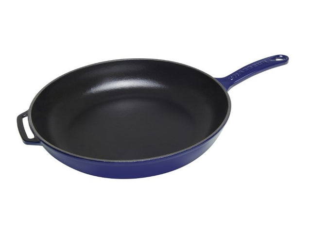 Chasseur 28cm frypan with cast handle in French Blue, crafted in France for even heat distribution and versatile cooking.