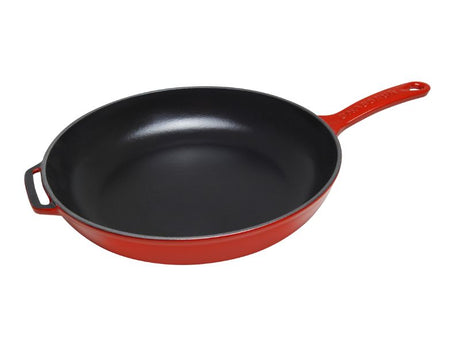 28cm cast iron fry pan with durable cast handle in Federation Red, perfect for frying, searing, and baking.