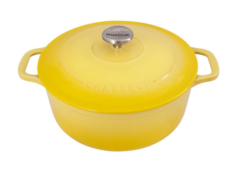 Vibrant Lemon Yellow Round French Oven, perfect for slow cooking and elegant dining, crafted in France with superior heat retention.