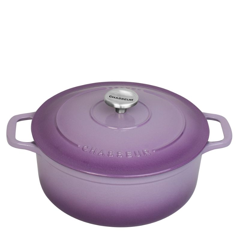 Round French oven in Wisteria, 24cm cast iron cocotte for slow cooking, featuring a self-basting lid and elegant design.