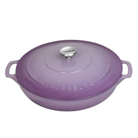 Cast-iron round casserole in Wisteria, 30cm, with superior heat retention and self-basting lid for versatile cooking.