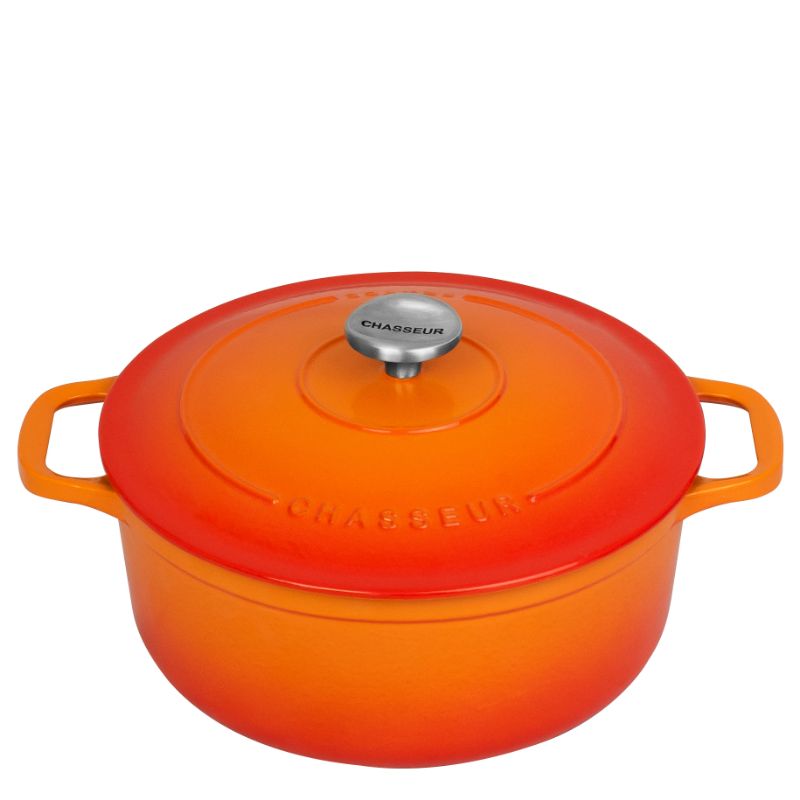 Chasseur 24cm Round French Oven in Sunset, ideal for slow cooking and stylishly serving flavorful meals.