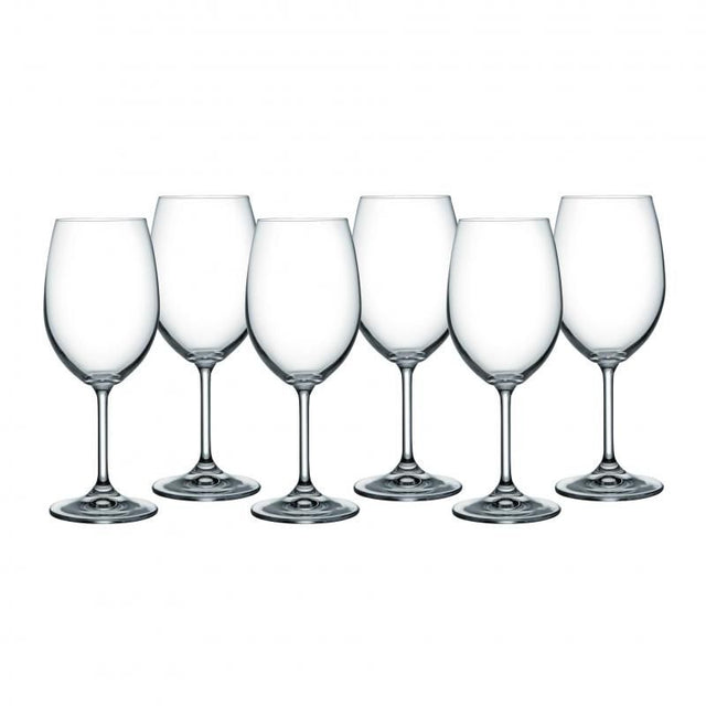 Set of 6 Bohemia Lara 350ml wine glasses, crafted from lead-free crystal, enhancing wine flavor and aroma for elegant dining.