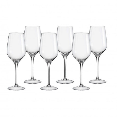 Set of 6 Bohemia Rebecca 350ml white wine glasses, crafted from lead-free crystalline with polished rims for elegant sipping.