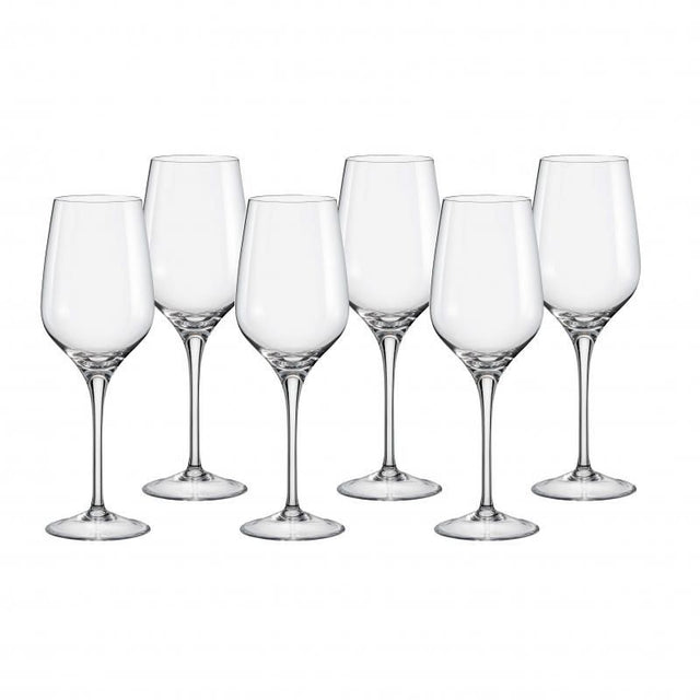 Set of 6 Bohemia Rebecca 350ml white wine glasses, crafted from lead-free crystalline with polished rims for elegant sipping.